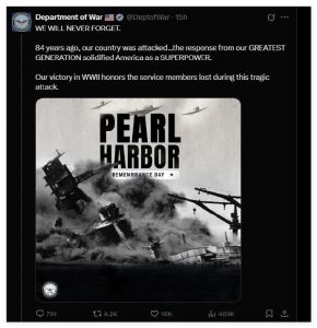 美国战争部发布纪念珍珠港遇袭84周年的纪念海报，并配文：我们永远不会忘记！ ...